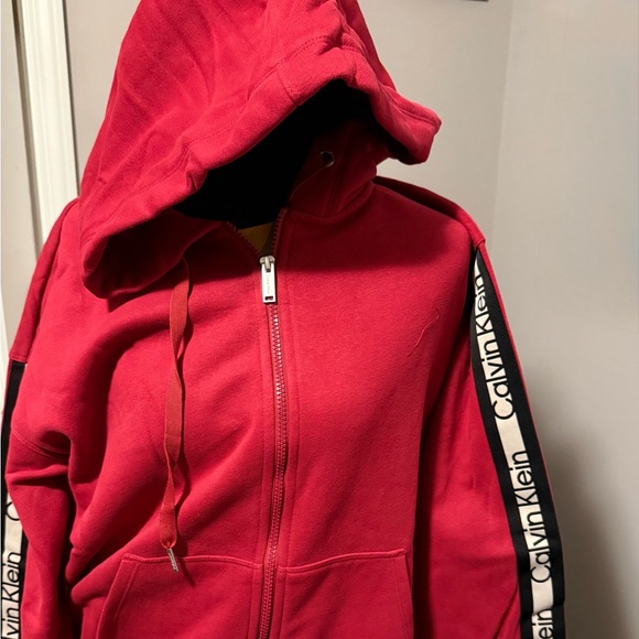 Calvin Klein Red Zip-Up Hoodie Logo Tape Sleeves NWT Size L - Picture 1 of 4